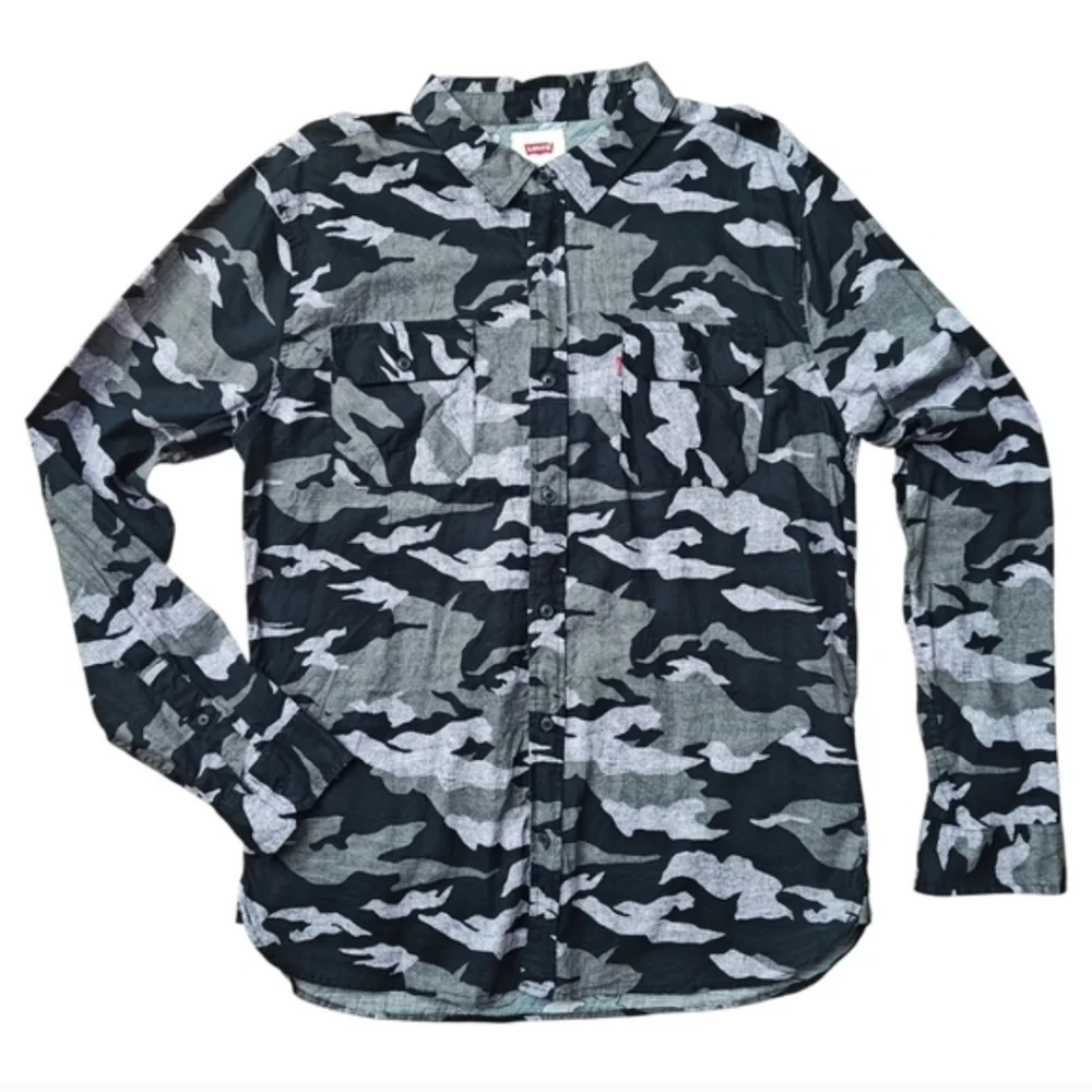 Levi's Men's Black & Grey Camouflage Button-Up Flannel Shirt – Size Large